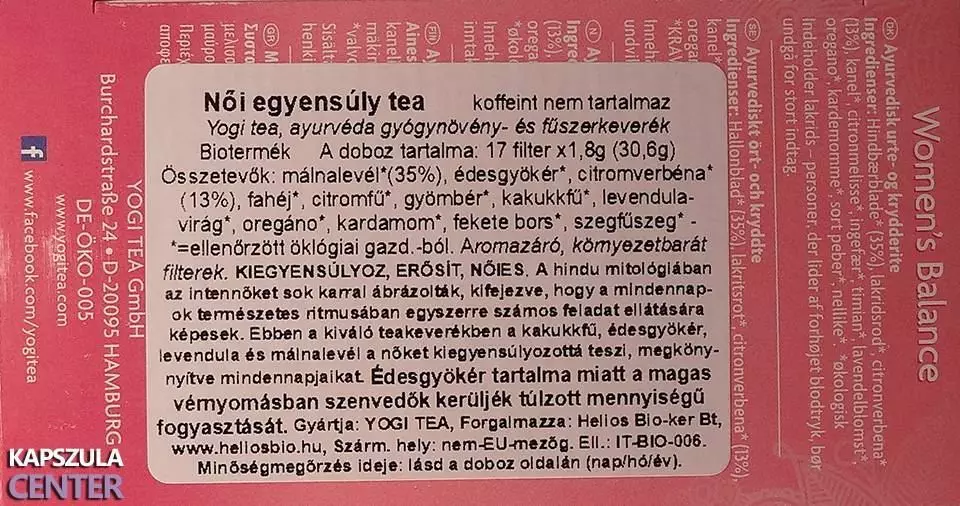 Bio Yogi női egyensúly tea összetevők